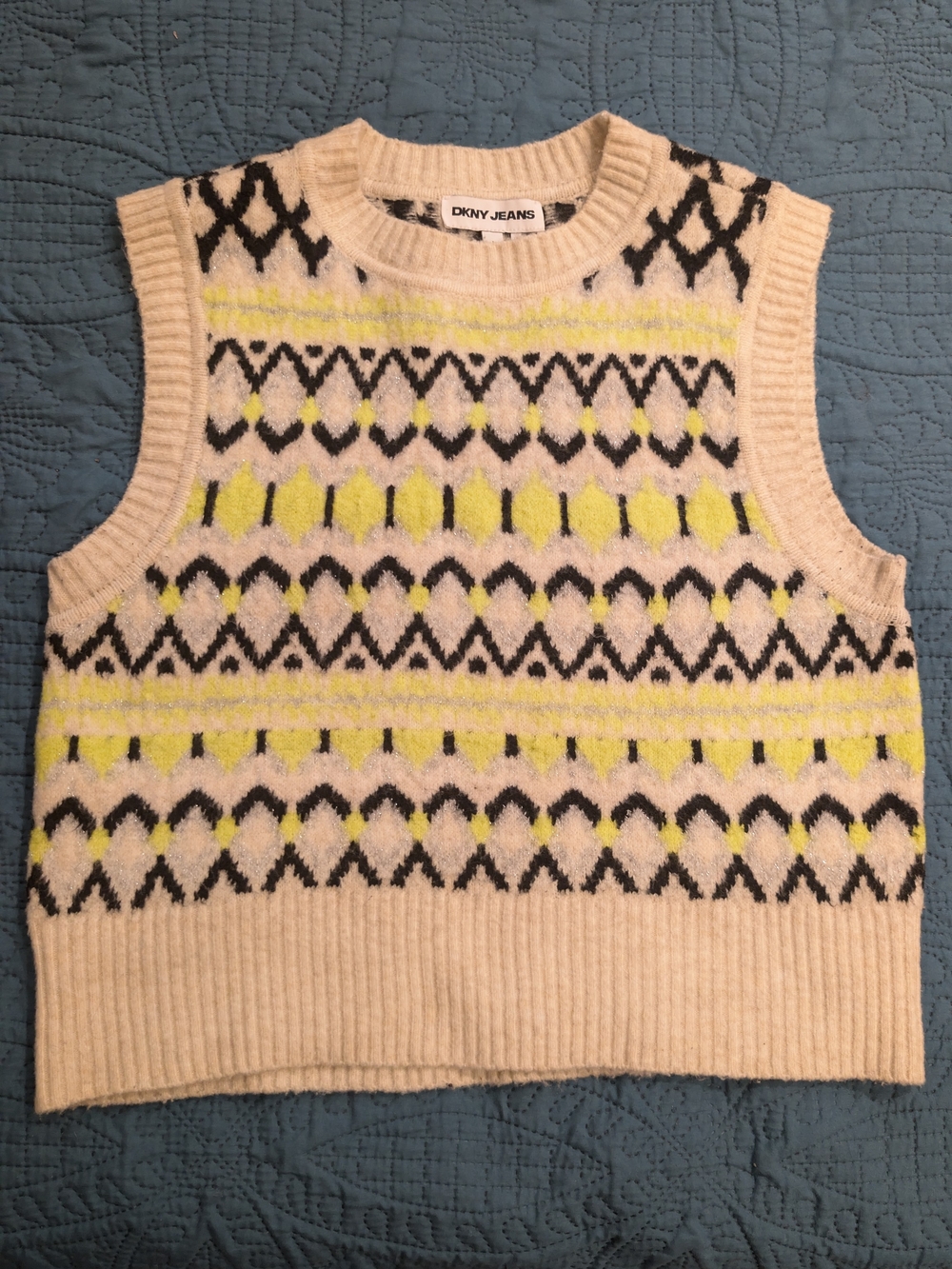 DKNY Cream Knit Sweater Vest with Black & Yellow Accents